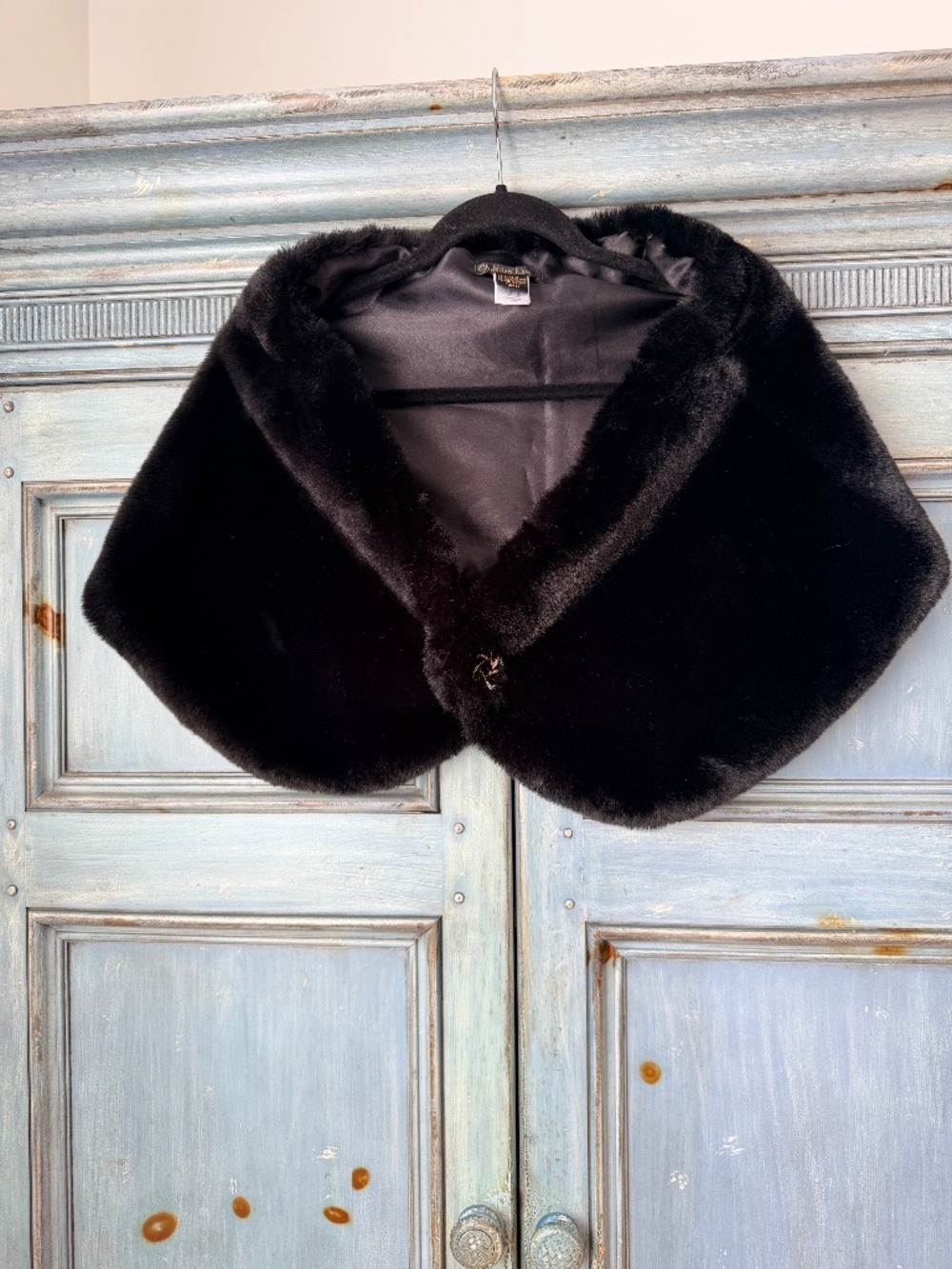 Christian Lacroix Faux Fur Shawl Wrap Black with Brooch
